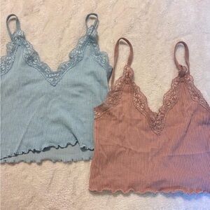 Lace Trim Ribbed Camisole Top - Blue and Pink